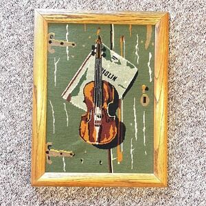 Vintage Needlepoint Art Framed Violin Music Note Green Brown Decor 18x24